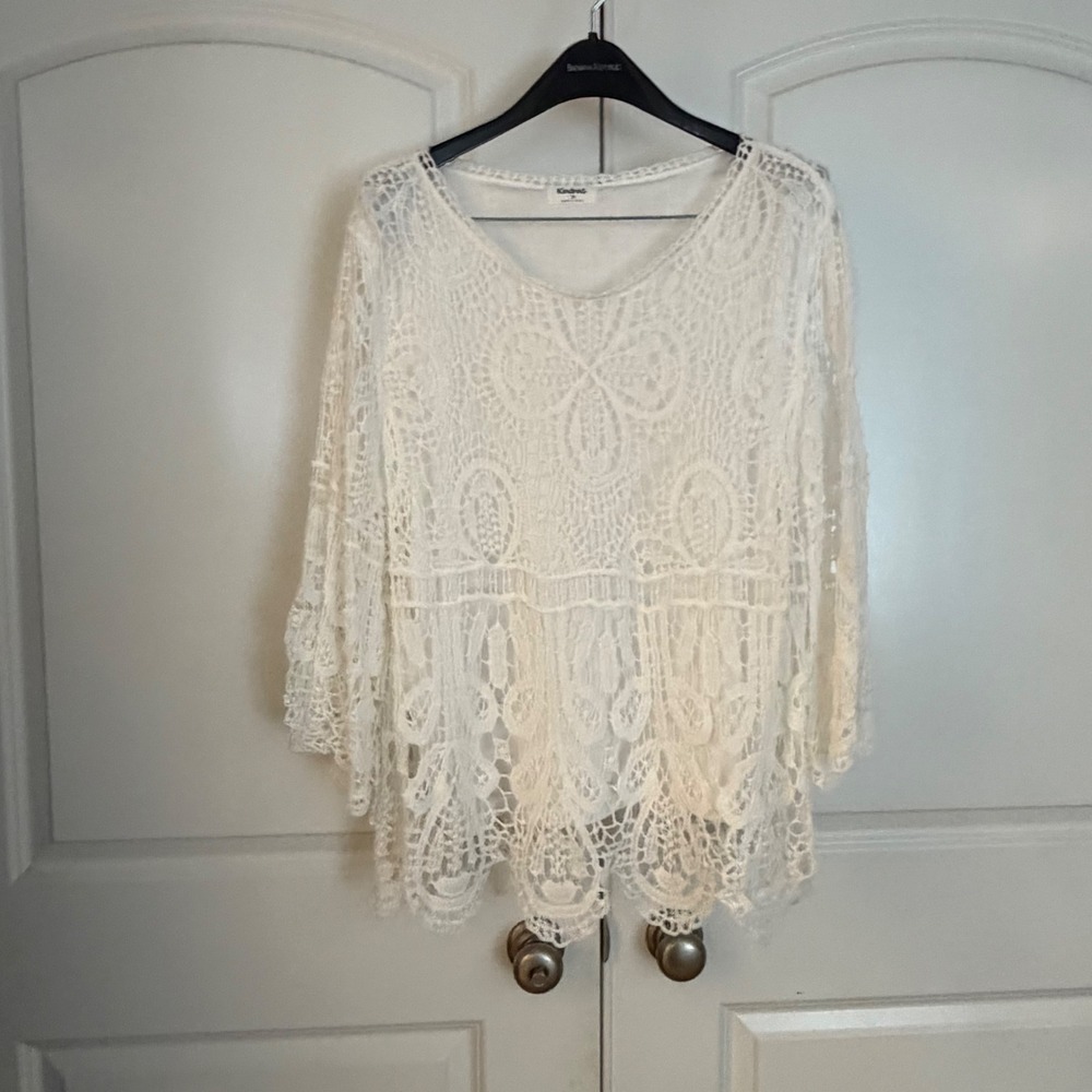 Kindred Plus White Crochet Lace Blouse Bell Sleeve Boho Top 2X